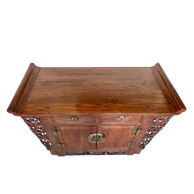 Chinese Antique Chinese Carved Elm Wood Altar Cabinet For Sale - Image 3 of 12