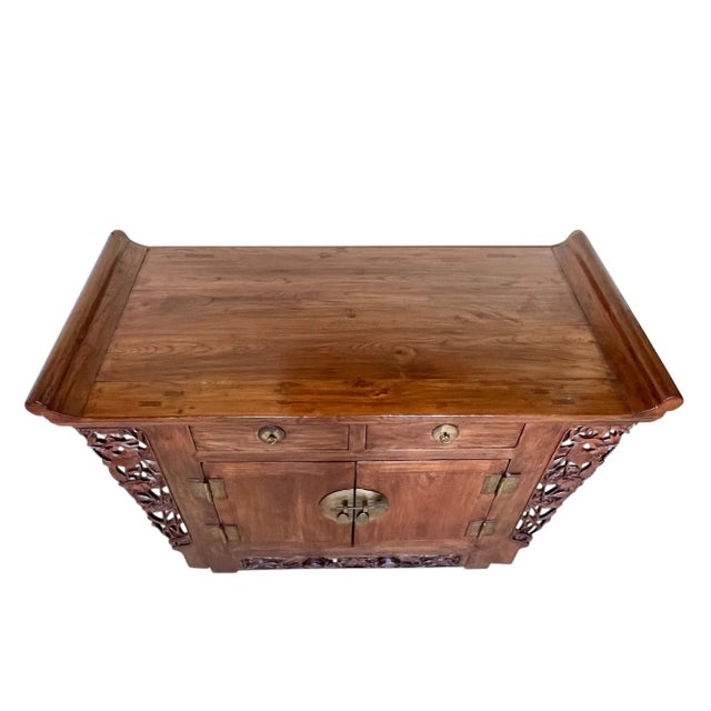 Chinese Antique Qing Dynasty Hand-Carved Elm Wood Altar Cabinet, 1890 For Sale - Image 3 of 12