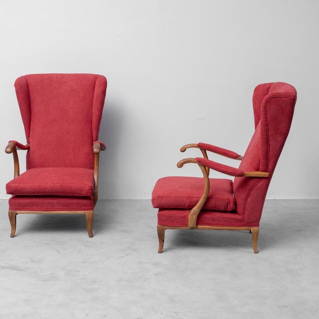Paolo Buffa Armchairs in Fabric and Walnut Wood attributed to Paolo Buffa, 1950s, Set of 2 For Sale - Image 4 of 10