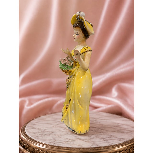 1950s Japanese Porcelain Lady Figurine in Yellow Gown With Rhinestones & Flowers For Sale - Image 4 of 11
