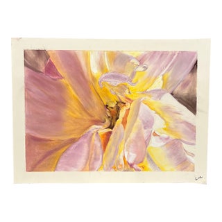 1990s Original Signed Oil Pastel Floral – Pink, Yellow & White Flower, Unknown Artist For Sale