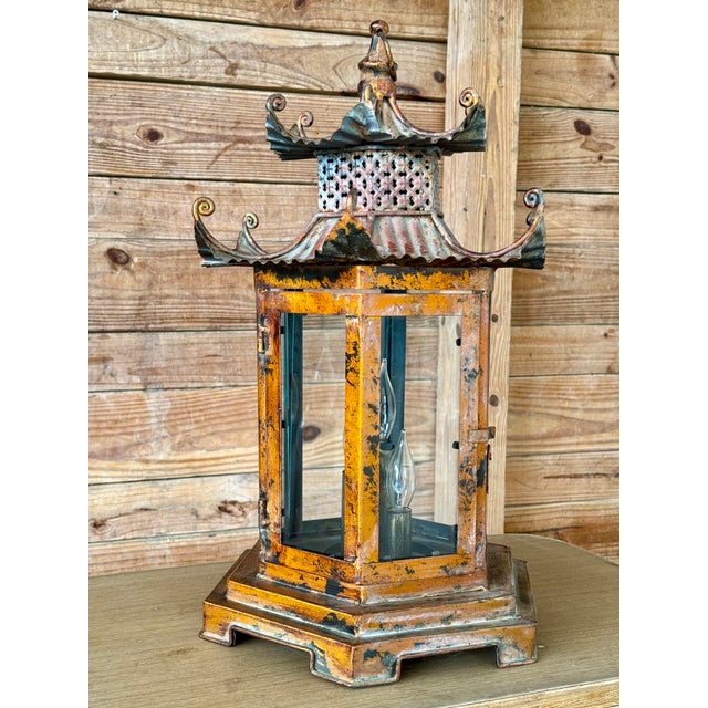 Metal Chinoiserie Regency Pagoda-Style Patinated Metal Lantern Pendant Light For Sale - Image 7 of 11
