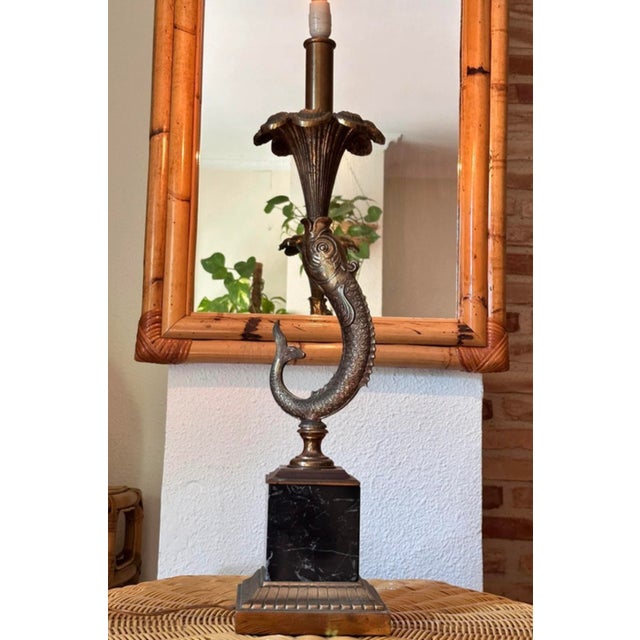 Vintage Table Lamp with Bronze Dolphin on Black Marble Base, 1950 For Sale - Image 4 of 14