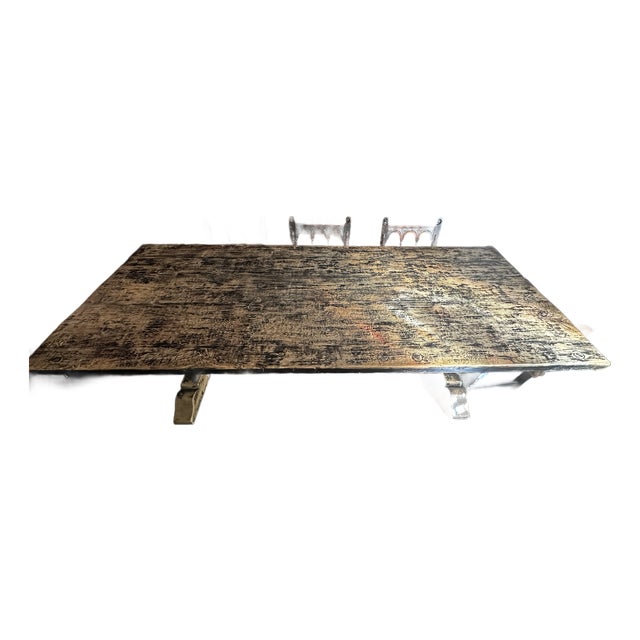 Monumental Antique Reclaimed Wood Trestle Dining Table – Hand-Hewn For Sale