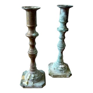 Pair of Vintage Brass Candlesticks With Verdigris Patina For Sale