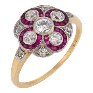 1910s Edwardian Diamond Ruby 14k Yellow Gold Platinum Cluster Ring, Size 7.25 For Sale