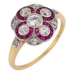 1910s Edwardian Diamond Ruby 14k Yellow Gold Platinum Cluster Ring, Size 7.25