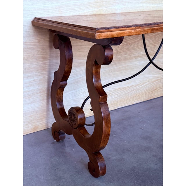 Wood Early 20th Century Spanish rectangular coffee table with lyre Legs and marquetry top For Sale - Image 7 of 18