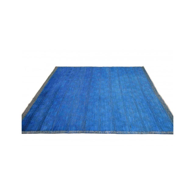Mid-Century Modern Blue Hand Knotted Modern Wool Rug For Sale - Image 3 of 9