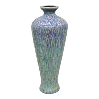 Mid-Century Modern Ceramic Pottery Glazed Feather Pulled Purple Blue Vase For Sale