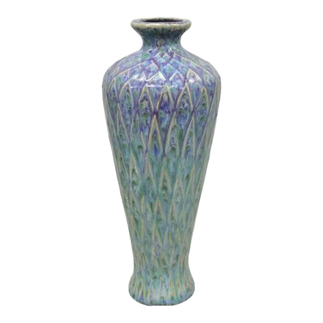 Mid-Century Modern Ceramic Pottery Glazed Feather Pulled Purple Blue Vase For Sale