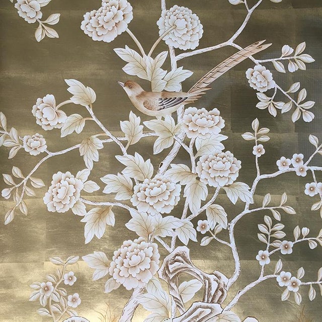 Gold Silver Leaf Chinoiserie Hand-Painted Pale Blue Peony & Bird Wall Panels (Set of 5) For Sale - Image 8 of 15