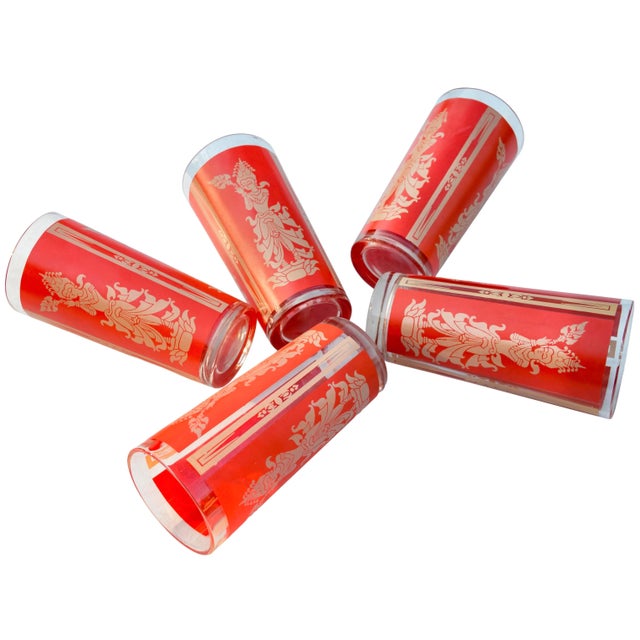 Boho Chic Mid 20th Century Red & Gold Patterned Festive Tall Glasses- S/5 For Sale - Image 3 of 3