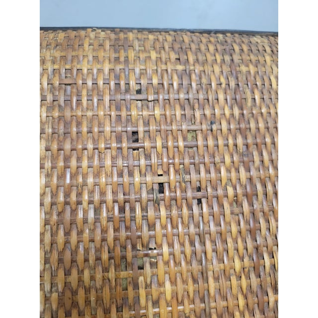 Wood Vintage Wood, Wicker, Bamboo Greek Key Black Brown Padded Footstool Storage Box For Sale - Image 7 of 7