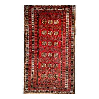 Vintage Turkmen Area Rug with Geometric Medallions Design in Red For Sale