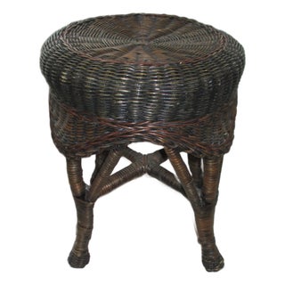 Mid Century Wicker Rattan Natural Multi-Color Vanity Foot Stool For Sale