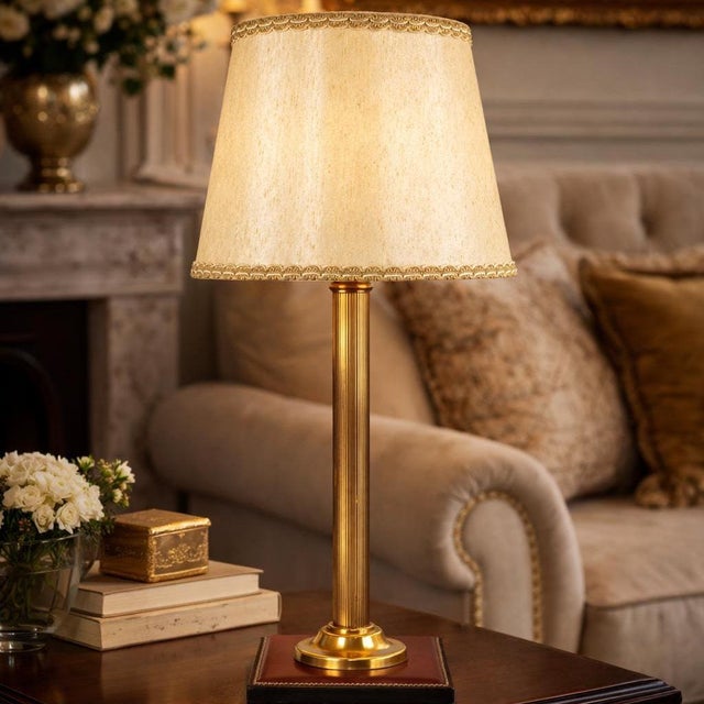 Mid-century table lamp dating to the 1960s, in the style of Jacques Adnet. A fluted brass column rises from a square base...