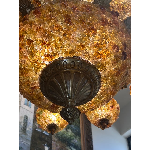 Late 20th Century Grand Venetian-Style Tiered Amber Glass Flower Rosette & Cast Metal Chandelier (48” H X 36” W) For Sale - Image 5 of 8