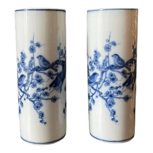 Pair of 1980s Chinoiserie Blue and White Cherry Blossom Brush Pot Vases