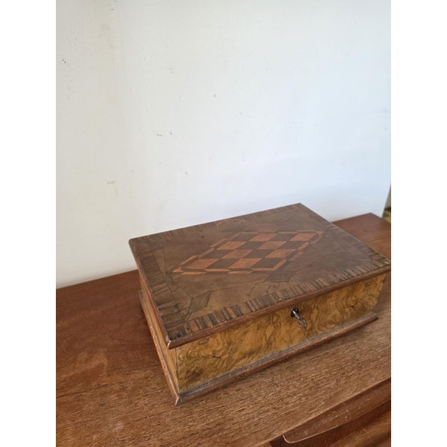 Antique Walnut Marquetry Jewelry Box With Key, Burl Wood Keepsake Box, Red Velvet Lined Locking Treasure Chest, Desk Box For Sale - Image 13 of 16