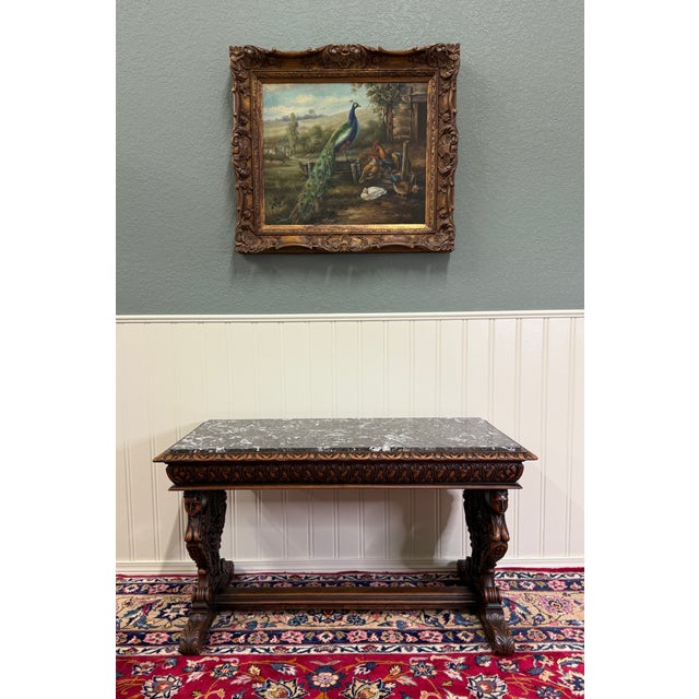 Antique French Coffee Table Bench Window Seat Marble Top Oak Renaissance Revival For Sale - Image 17 of 18