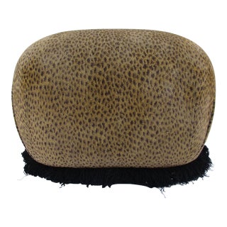 Leopard Print Footstool With Black Shag Fringe For Sale