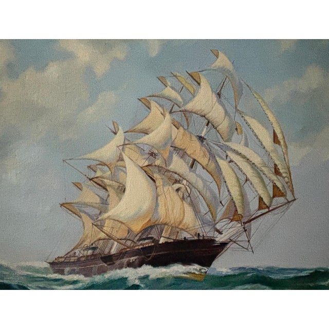 Beautiful Maritime art, oil painting on canvas, featuring a large ship in the foreground and a smaller more distant ship....