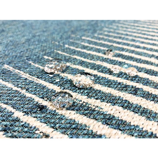 Tribal Vern Yip Aqua Water & Stain Resistant Beige French Blue Geometric Woven Ikat Upholstery Fabric For Sale - Image 3 of 4