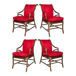 Late 20th Century McGuire San Francisco Rattan, Cane and Rawhide Armchairs- Set of 4 For Sale