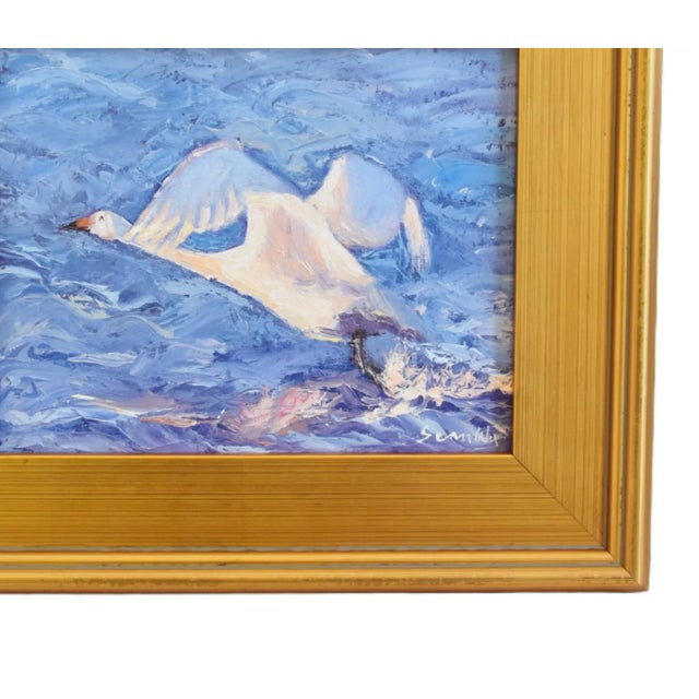 Contemporary original snow goose taking flight on lake oil painting on artist canvas panel by artist Sean Wu. Signed lower...