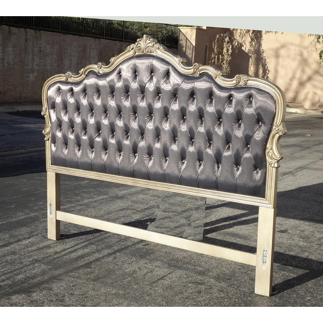 French Provincial French Provincial Louis XVI Style Metallic Dark Gray Tufted Cal King Headboard For Sale - Image 3 of 17