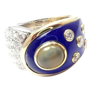 Mikimoto Platinum & 18k Gold Diamond Cats Eye Enamel Band Ring