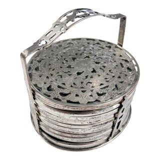 1900s Victorian Sterling Silver Coaster Set/12 For Sale