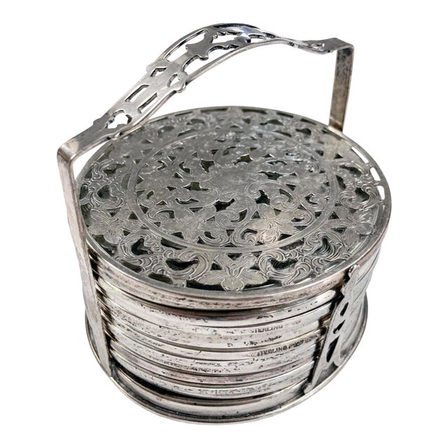 1900s Victorian Sterling Silver Coaster Set/12 For Sale