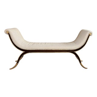 Regency Style Brown Lacquered & Parcel-Gilt Bench With Splayed Supports For Sale