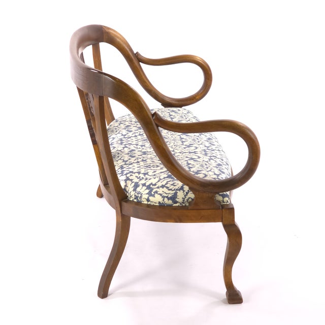 Wood Vintage Neoclassical Revival Lyre Arm Wood Settee Bench For Sale - Image 7 of 10