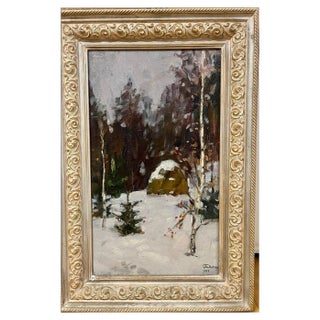 Boris Mikhailovich Lavrenko, Haystack in the Snow-Covered Forest, Oil Painting, 1972, Framed For Sale