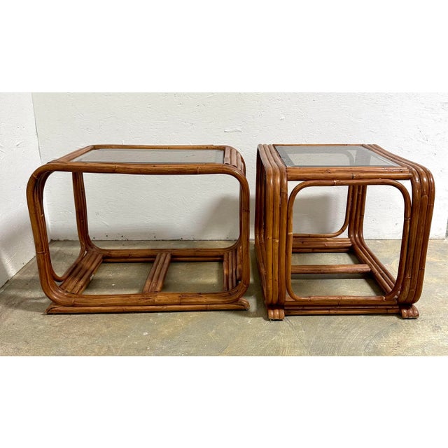 Vintage Coastal Rattan Bamboo End Tables With Glass Tops a Pair
