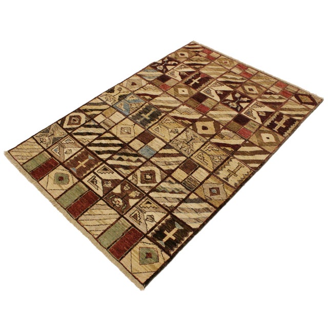 Abstract Boho Chic Gabbeh Brown/Green Wool Rug - 3'11'' X 5'7'' For Sale - Image 3 of 10