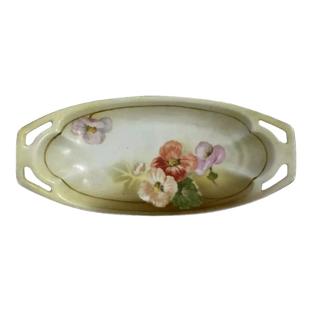 18th Century Rs Prussia Tillowitz Oval Relish Dish with Hand Painted Flowers For Sale