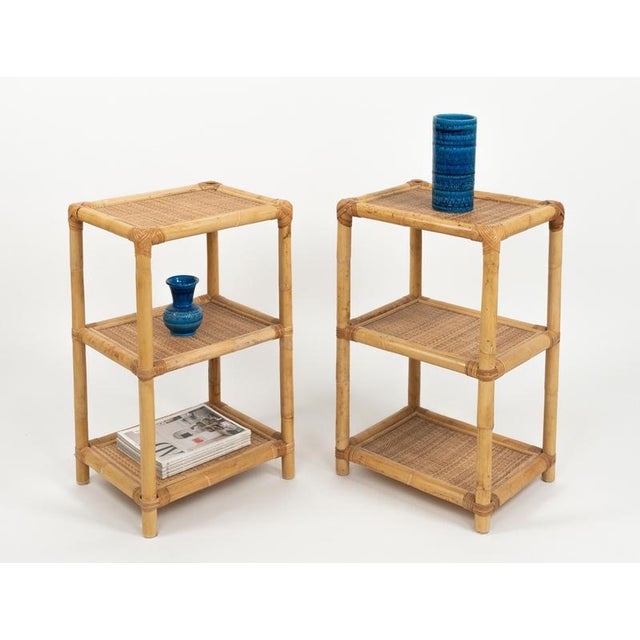 1970s Mid-Century Modern Italian Side Tables in Bamboo with Rattan and Wicker, 1970s, Set of 2 For Sale - Image 5 of 14