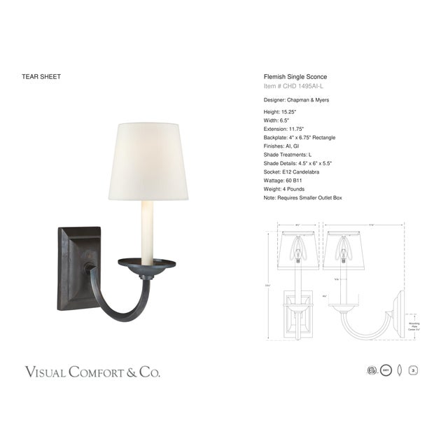 Transitional Chapman & Myers for Visual Comfort Signature Flemish Single Sconce in Aged Iron with Linen Shade For Sale - Image 3 of 4