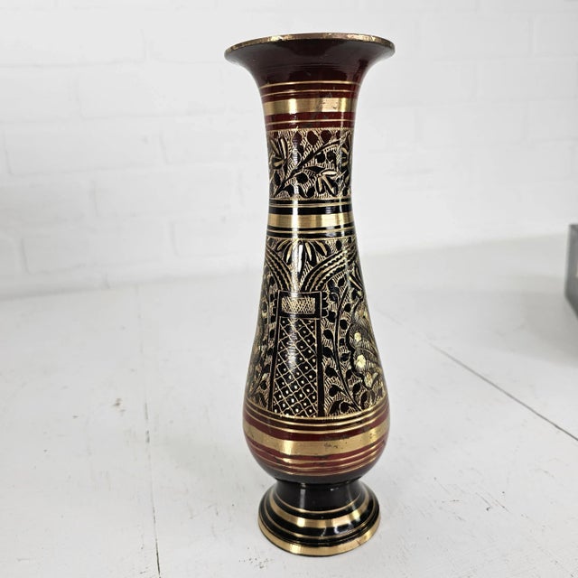 Vintage Hand-Engraved Brass Nakkashi Vase, Etched Floral Pedestal Form, 9.5" For Sale In San Francisco - Image 6 of 9
