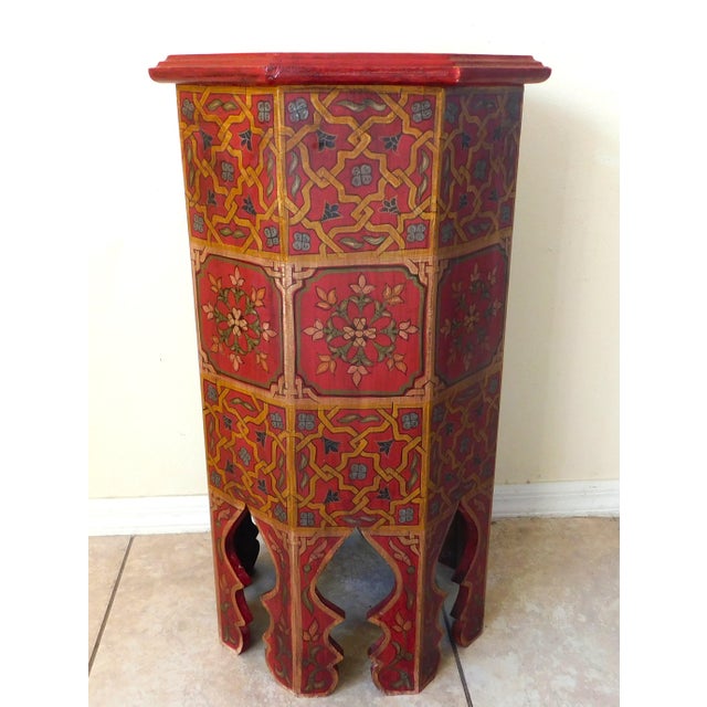 Wonderful vintage Moroccan hand painted carved solid wood pedestal side table. Fabulous hand painted design with carved...