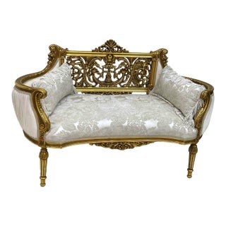 Rococo Sofa in White & Beige Damask With Hand-Applied Gold Leaf Accents For Sale