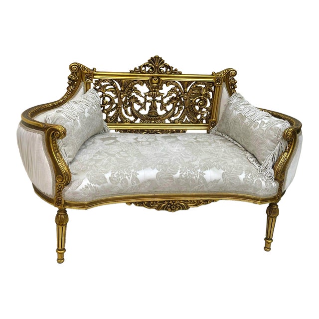 Rococo Sofa in White & Beige Damask With Hand-Applied Gold Leaf Accents For Sale