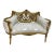 Rococo Sofa in White & Beige Damask With Hand-Applied Gold Leaf Accents For Sale
