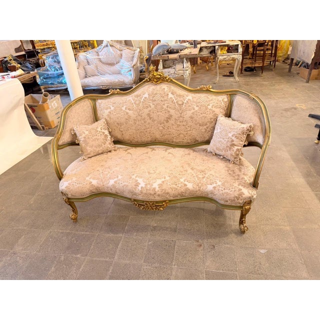 White 1960s French Louis XV Rococo Canapac Loveseat Antique Green & Gold Gilt Wood Beige upholstery Settee For Sale - Image 8 of 8