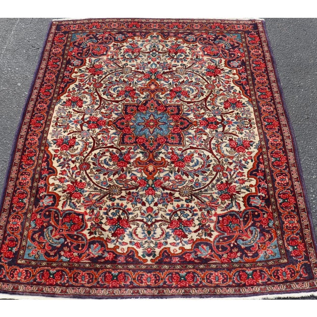Measures: 3'9 x 4'5 Vintage Persian Bidjar Rug with Ivory Field and Blue Medallion Design. Keivan Woven Arts/...
