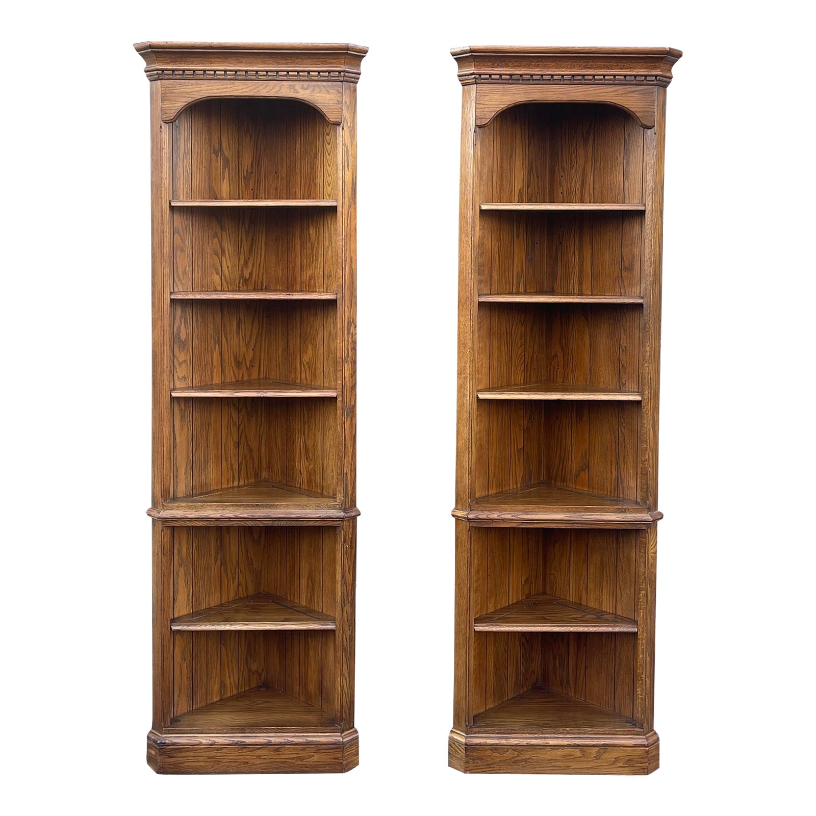 1980s Knob Creek Traditional Solid Oak Corner Shelving Units or